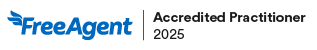 Blue FreeAgent logo next to black text saying Accredited Practitioner 2025