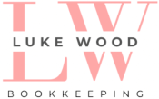 Logo for Luke Wood Bookkeeping. Pink initials LW with grey text through the middle saying Luke Wood and the word Bookkeeping underneath.