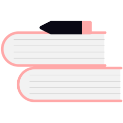 Cartoon pile of books with a pen resting on top, representing a businesses bookkeeping information.